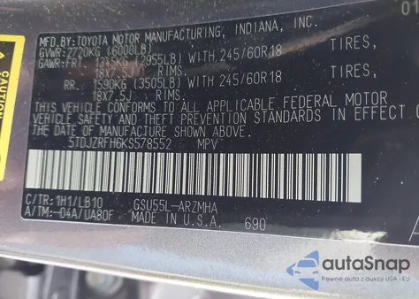 2019 Toyota Highlander Xle from USA, damaged, VIN 5TDJZRFH6KS578552